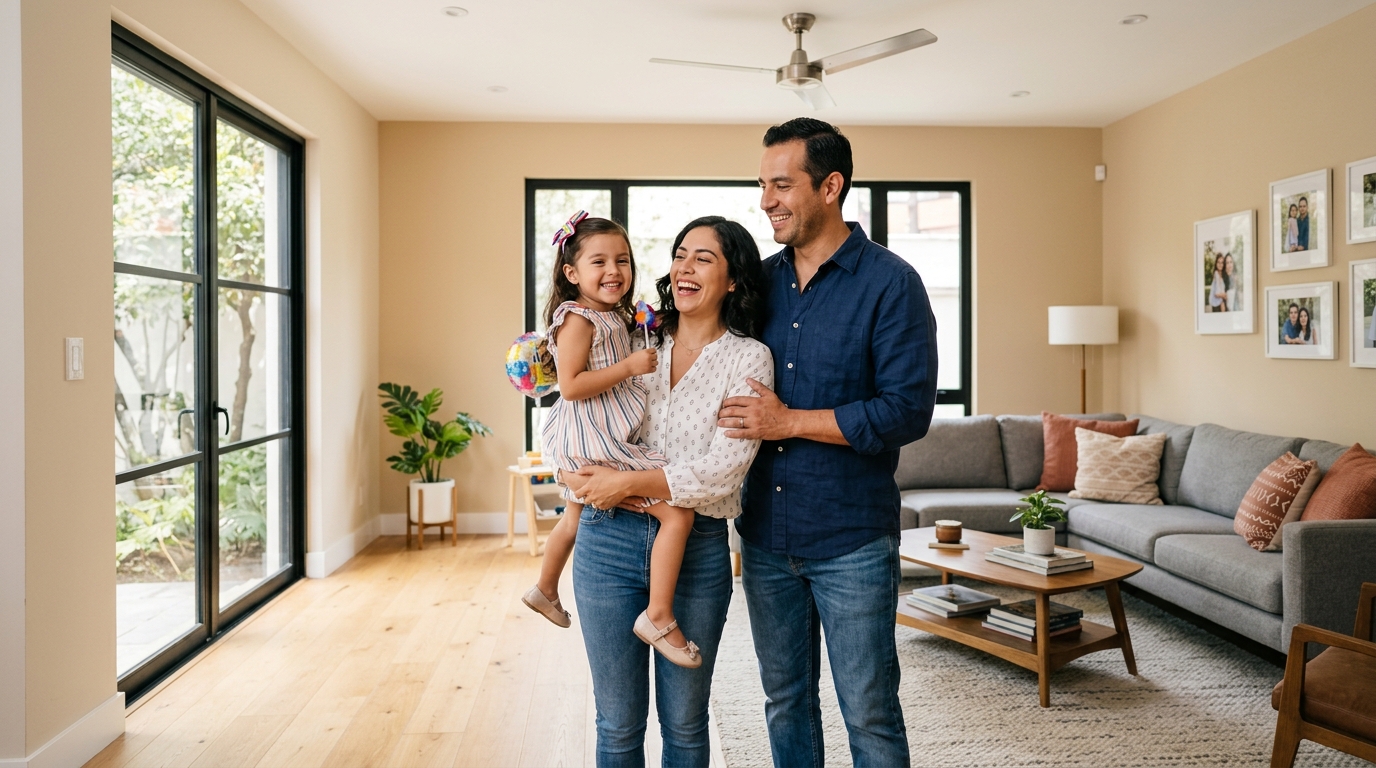 Familia feliz disfrutando de su casa remodelada